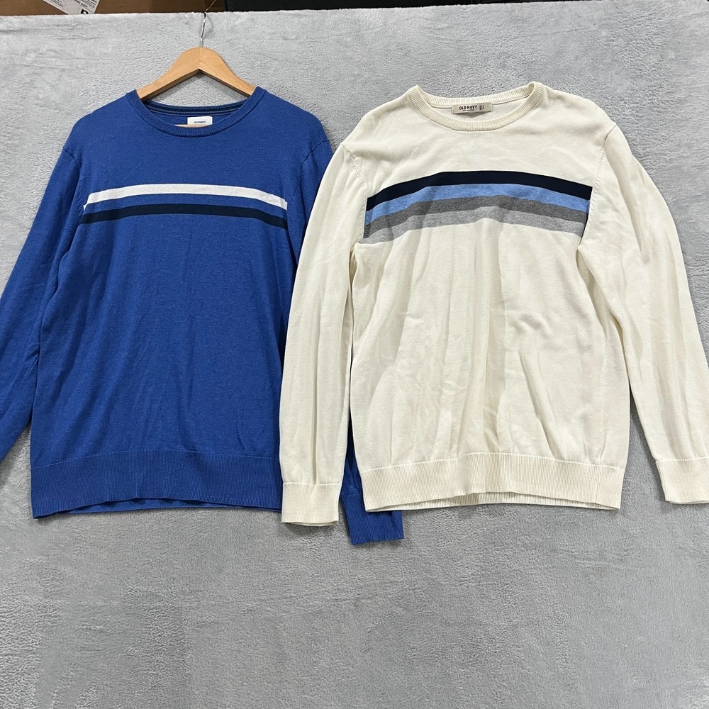 Old Navy Sweater Mens Large White Blue Cotton Striped Crew Neck Lot Of 2